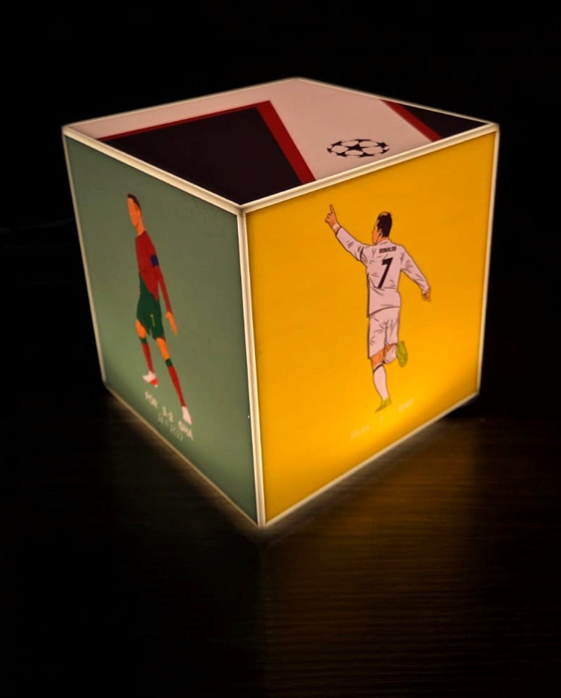 Cube Lamp - Football - real photo, glowing in a dark room