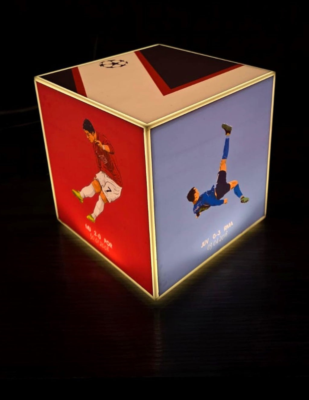 Cube Lamp - Football - real photo, glowing in a dark room