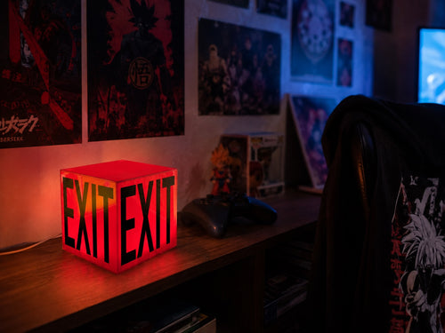 Cube Lamp - EXIT Red - lifestyle photo on a gaming desk setup