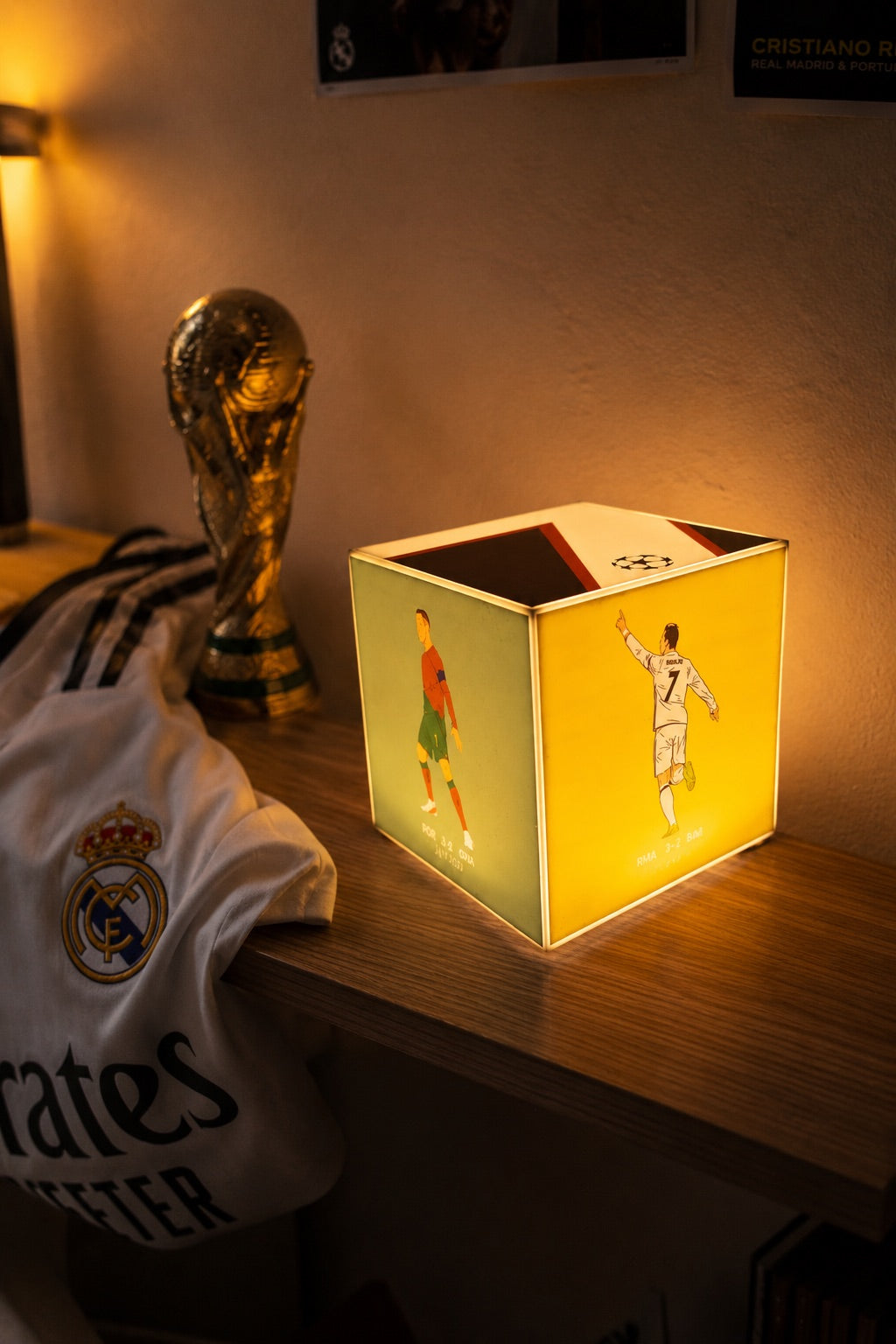 Cube Lamp - Football - lifestyle photo glowing on a desk