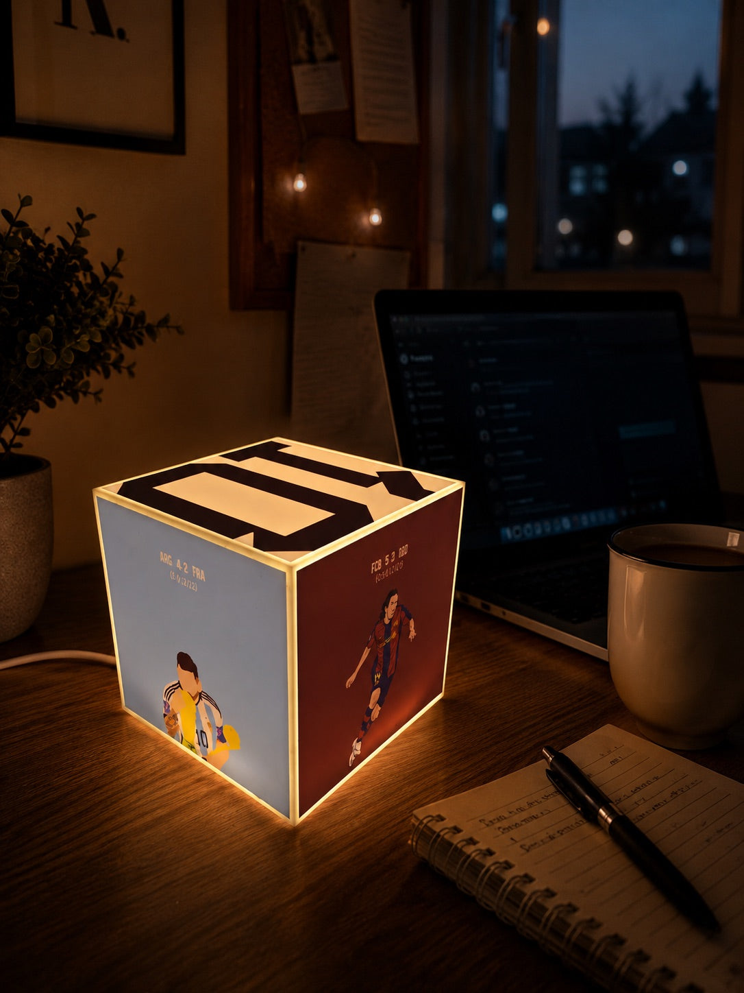 Cube Lamp - Messi - lifestyle photo on a fan desk setup