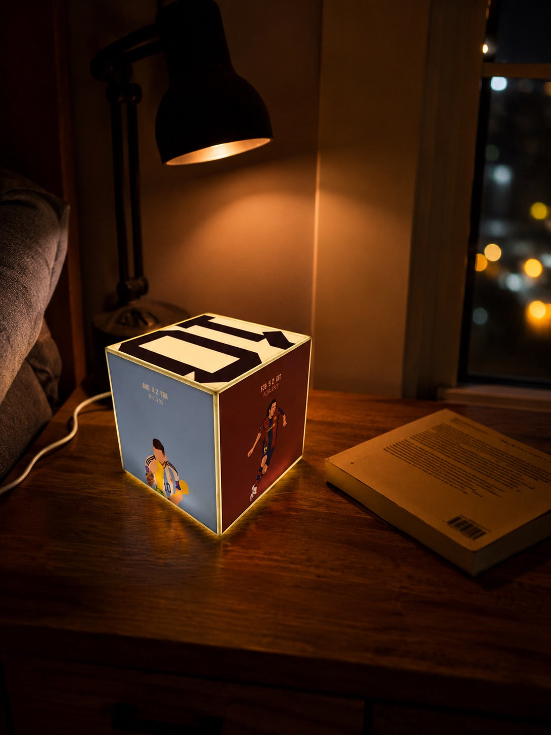 Cube Lamp - Messi - lifestyle photo glowing on a shelf