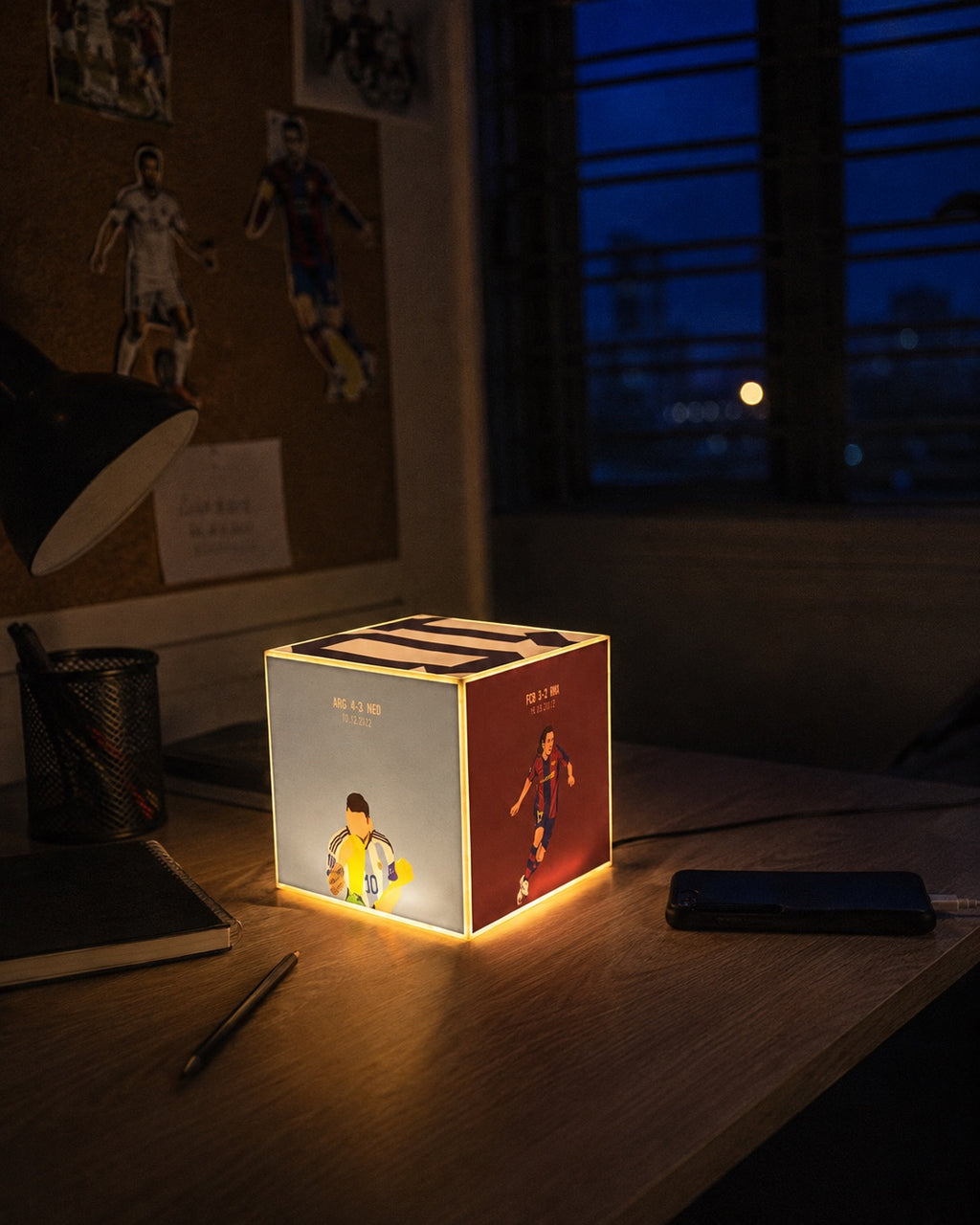 Cube Lamp - Messi - lifestyle photo on a nightstand