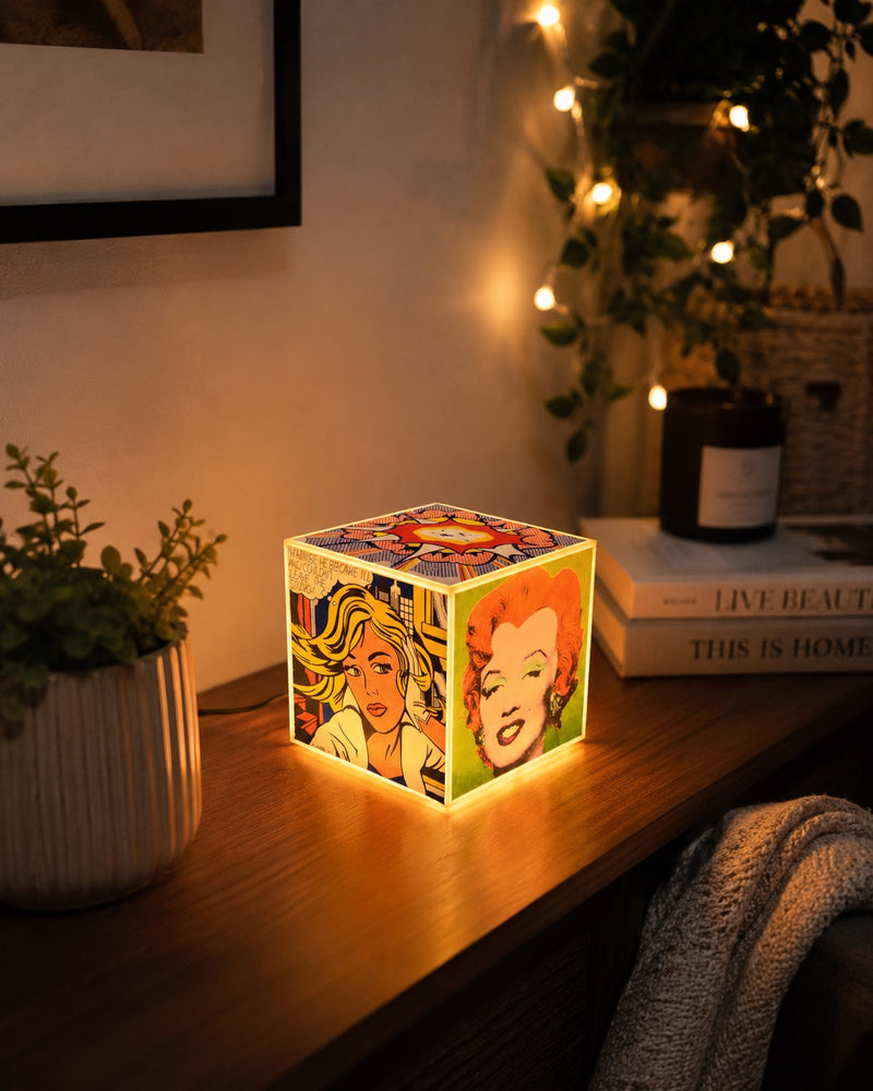 Cube Lamp - Pop Art - lifestyle photo on a cozy plant and candle corner