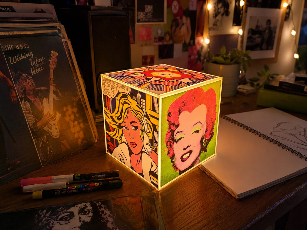 Cube Lamp - Pop Art - lifestyle photo glowing on a shelf