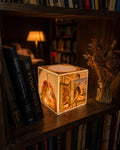 Cube Lamp - The Creation of Adam - lifestyle photo on a bookshelf
