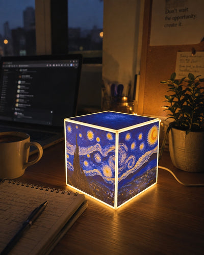 Cube Lamp - Starry Night - lifestyle photo on a bedside table