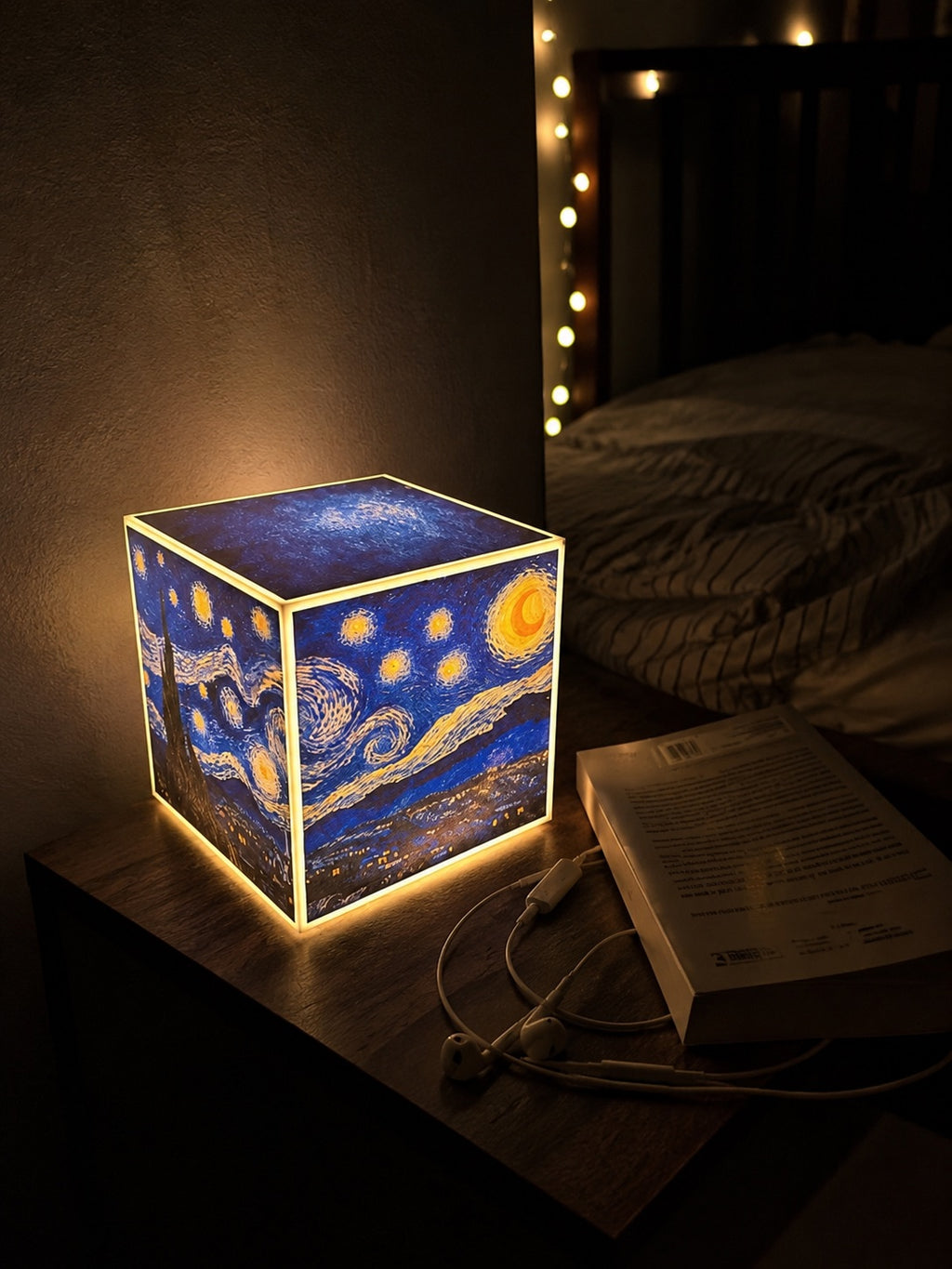 Cube Lamp - Starry Night - lifestyle photo glowing at night