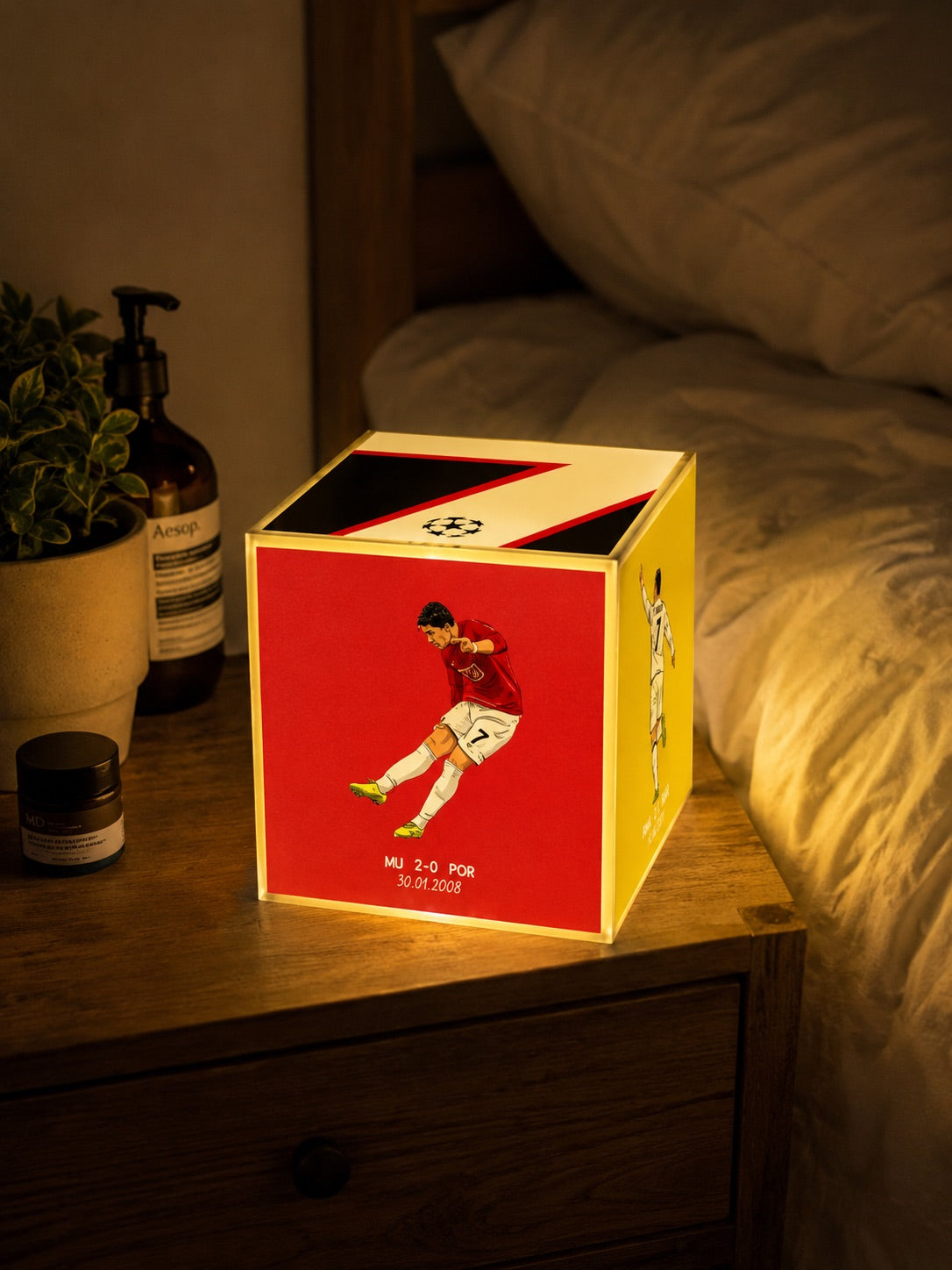 Cube Lamp - Football - lifestyle photo on a bedside table