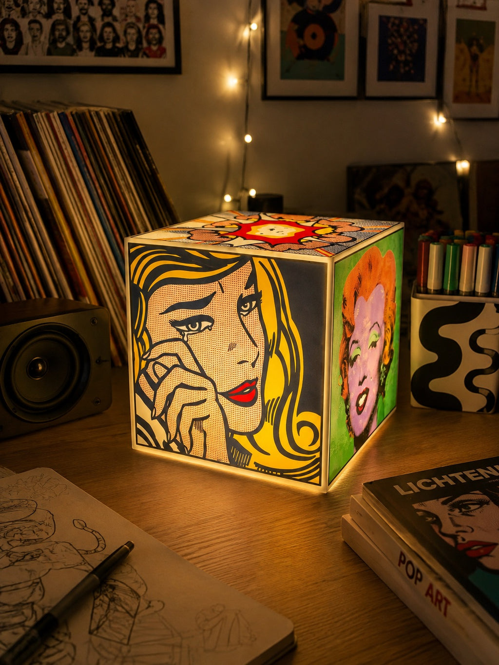 Cube Lamp - Pop Art - lifestyle photo beside vinyl records and pop art prints