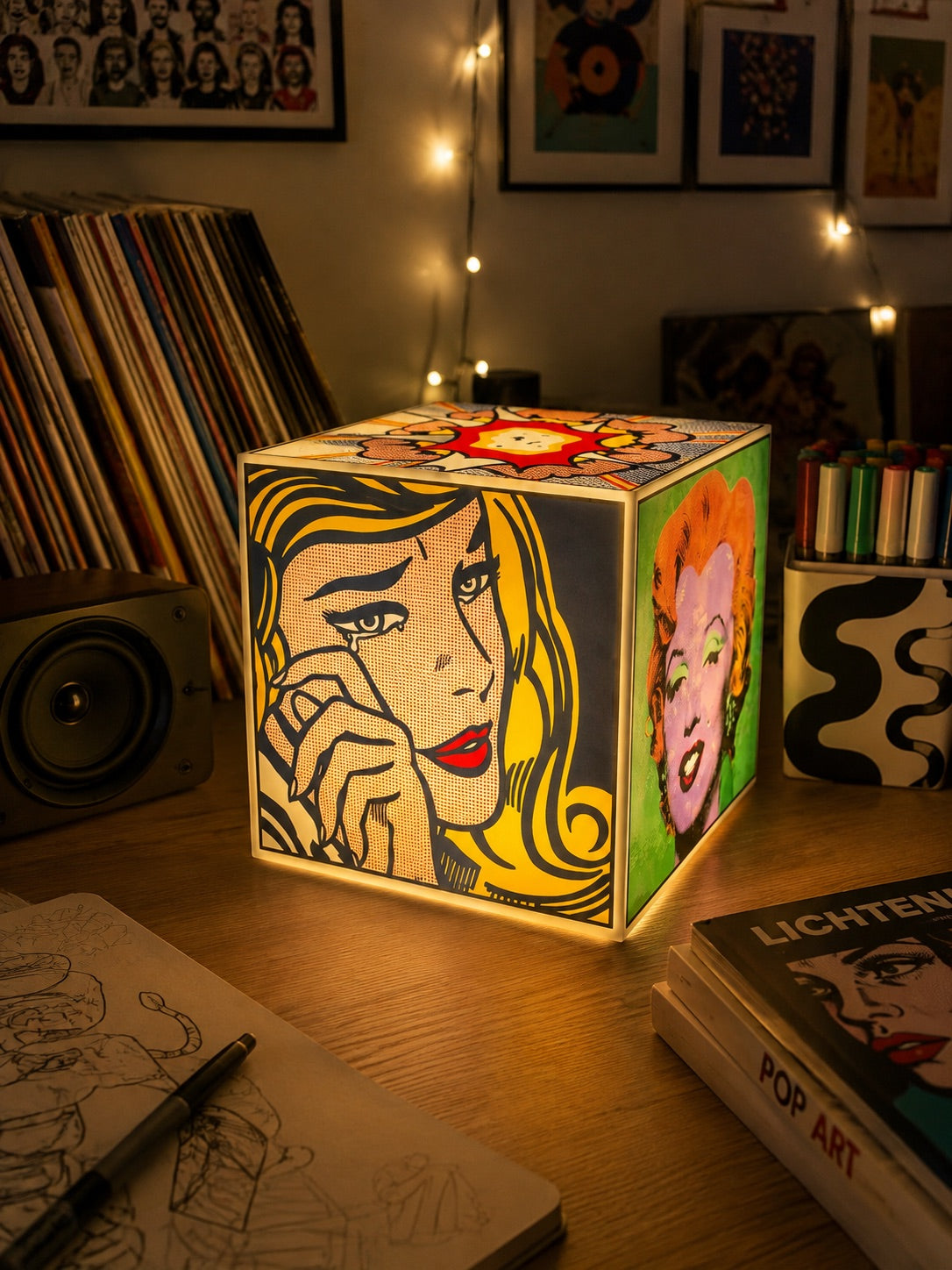 Cube Lamp - Pop Art - lifestyle photo beside vinyl records and pop art prints