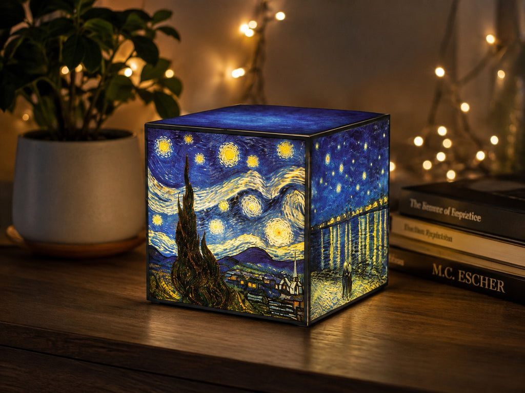 Cube Lamp - Starry Night - lifestyle photo beside a plant and fairy lights