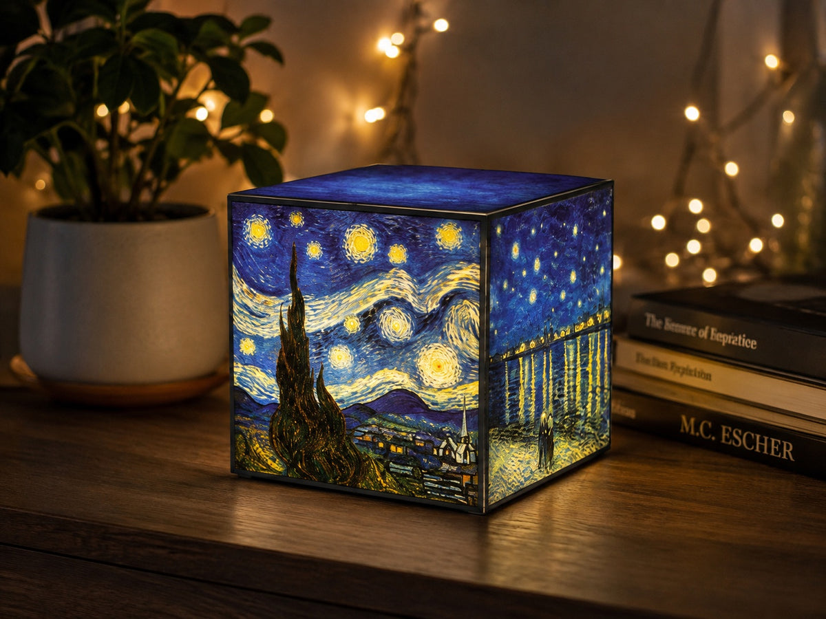 Cube Lamp - Starry Night - lifestyle photo beside a plant and fairy lights