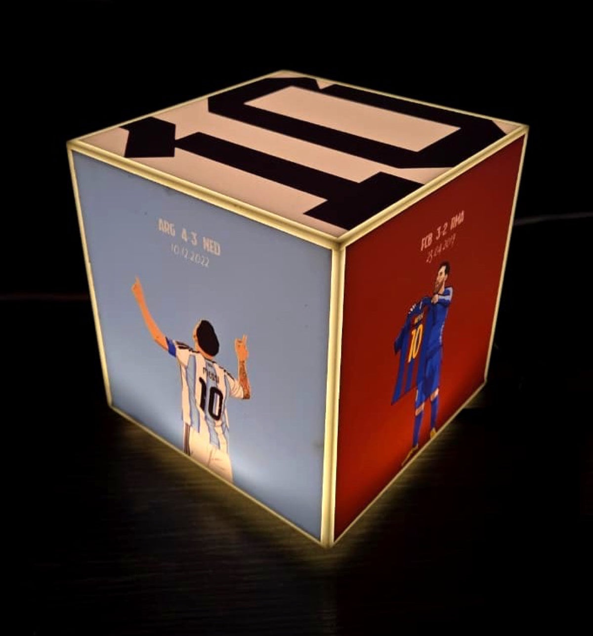 Cube Lamp - Messi - real photo, glowing in a dark room