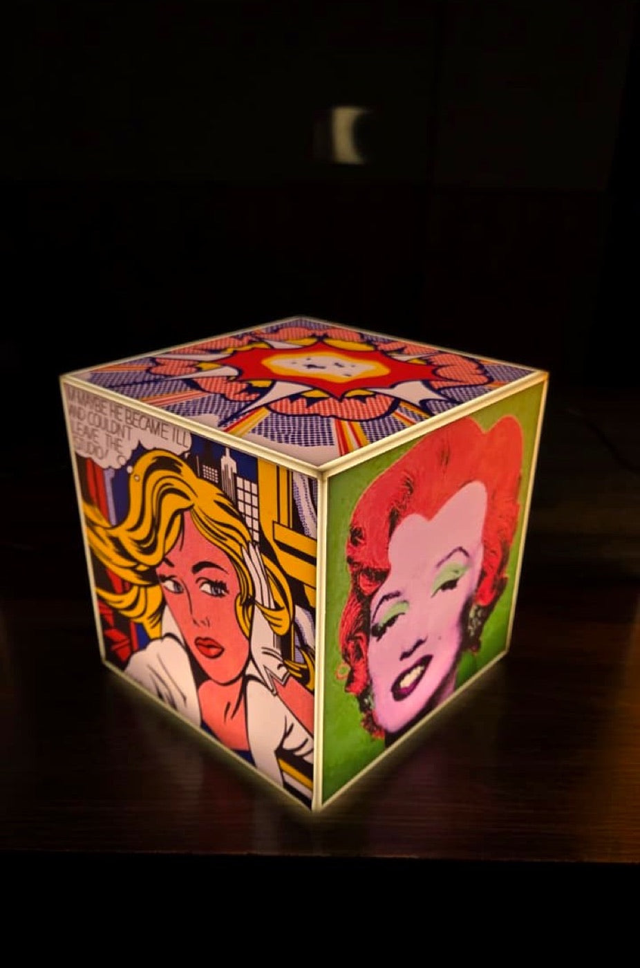 Cube Lamp - Pop Art - real photo, glowing in a dark room