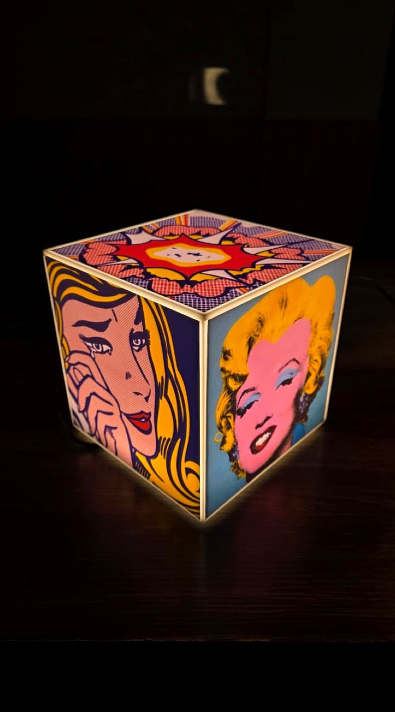 Cube Lamp - Pop Art - real photo, glowing in a dark room