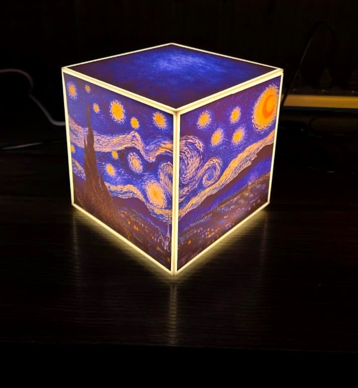 Cube Lamp - Starry Night - real photo, glowing in a dark room