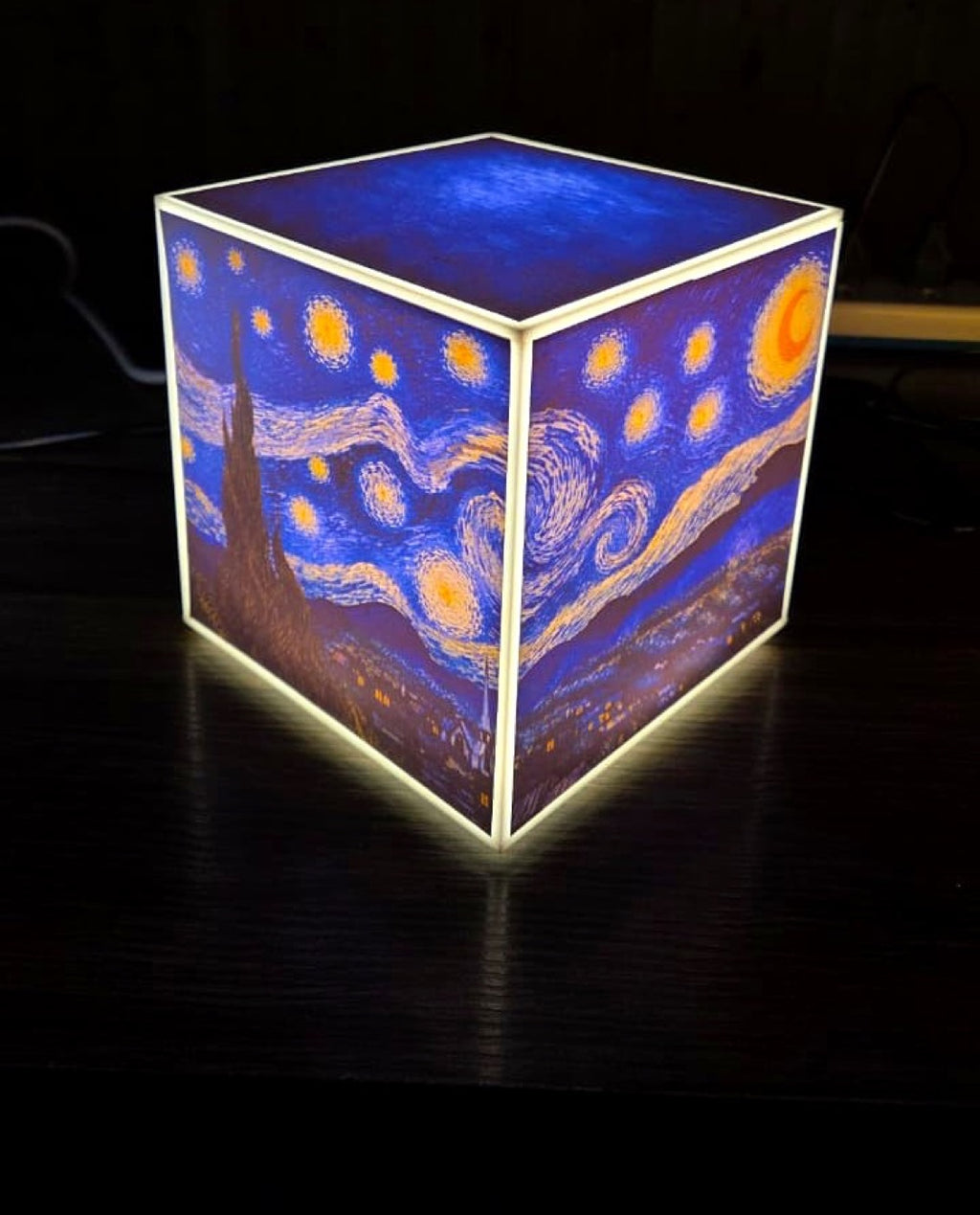 Cube Lamp - Starry Night - real photo, glowing in a dark room